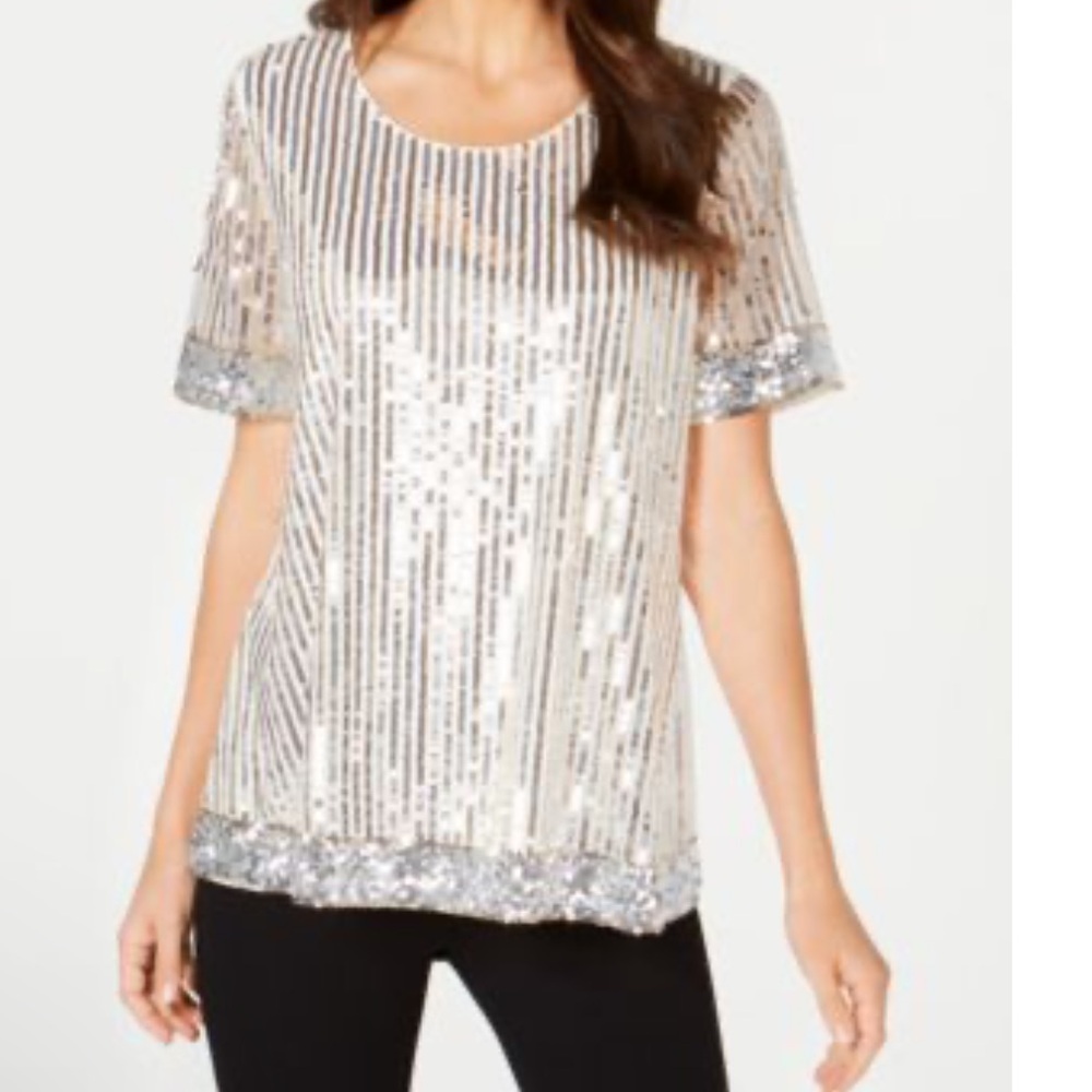 ALFANI Sequined Gold/Silver Stripped NWT Size Small Short Sleeved Scoop Neckline - Picture 13 of 13